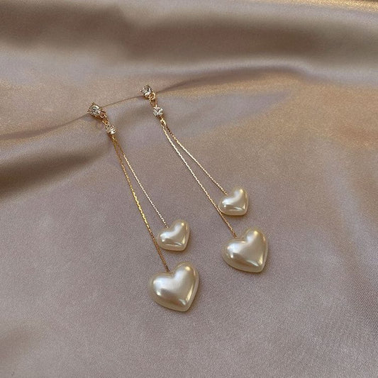 Double Heart Drop Pearl Earrings