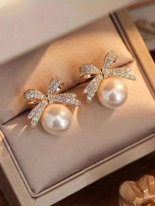 Crystal Bow Pearl Stud Earrings